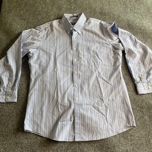 Kirkland Signature Mens Non-Iron Striped Dress Shirt Blue Grey 16.5 34 Cotton